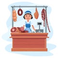 Meat stall, a saleswoman behind a counter made of wooden boards sells sausages, meat and delicacies